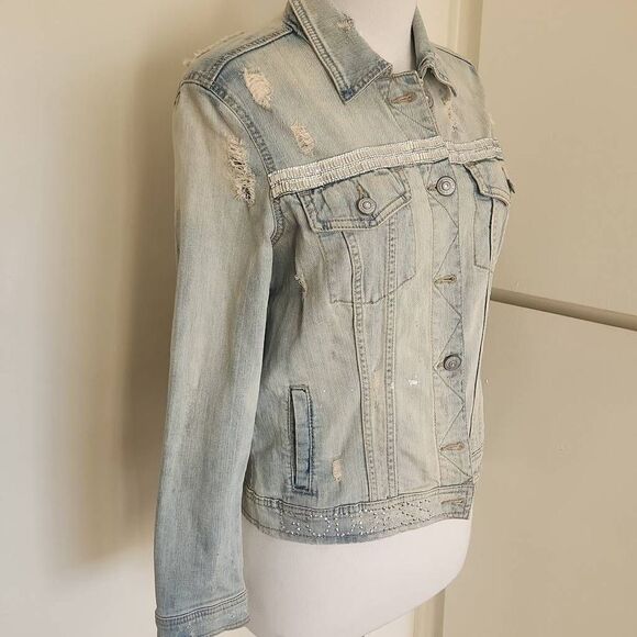 Aeropostale Upcycled Bleached and Distressed Denim Trucker Jacket, "Angel Wings" - Picture 5 of 11